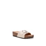 Mules � bride large en simili en relief avec boucle � strass. plateforme compens�e effet li�ge. semelle ...