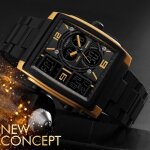 Montre carre luxe homme or quartz étanche numérique et analogique double affichage cadeau de noël Montre carre luxe homme or quartz étanche numérique et analogique double affichage cadeau de noël