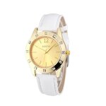 Montre - femme - cadran - rond - bracelet - cuir - blanc - acier dor� - strass - 23 cm