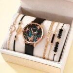 Montre femme ensemble bijoux bracelet simili cuir noir cadeau femme fille anniversaire noel