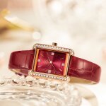 Montre femme marque de luxe diamants 2021 quartz simple tanche rectangulaire bracelet vrai cuir rouge ...