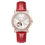 Montre femme m�canique automatique de marque - motif fleur - �tanche - cuir - rouge