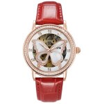 Montre femme de marque papillon diamant bracelet en cuir �tanche cadran squelette rouge luxe