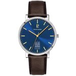 Montre homme coeur battant argent� cadran bleu bracelet cuir brun 20 mm