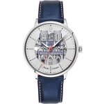 Montre homme coeur battant argent cadran argent bracelet cuir bleu 20 mm