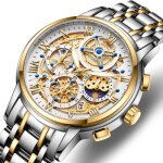 Montre homme de marqu quartz cadran squelette chronographe multifonction cadran � chiffres romains dor� ...