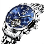 Montre homme m�canique automatique calendrier lumineux cadran saphir bracelet en acier de marque argent ...