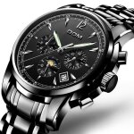 Montre homme m�canique automatique multifonction phase de lune lumineux �tanche calendrier acier inoxydable ...