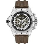 Montre - police - Électrique - cadran vert kaki - bracelet cuir marron - boîtier acier inoxydable Montre - police - Électrique - cadran vert kaki - bracelet cuir marron - boîtier acier inoxydable