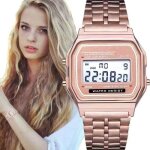 Montre style casio metal or rose femme