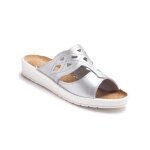 Mules femme en cuir avec semelle en li�ge et perforations fantaisie - argent� - gris