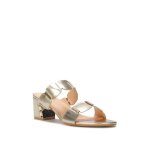 Mules femme - marque inconnue - double brides festonnées - détails dorés - talon carré Mules femme - marque inconnue - double brides festonnées - détails dorés - talon carré