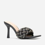 Mules en simili  bride tresse avec fins maillons dors. modles  talon fin aiguille et bout carr ...