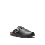 Mules plates en simili avec bride. dotes dune bride  boucle mtallique et dune semelle arrire en lige. ...