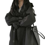 Noir trench long de femme chic et décontracté à double patte de boutonnage vêtement dextérieur ample Noir trench long de femme chic et décontracté à double patte de boutonnage vêtement dextérieur ample
