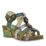 Nu - pieds en cuir verts � fleurs avec talon compens� et bande auto - agrippante