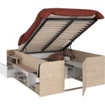 Odyssee lit coffre adulte - 140x190 / 200 cm - avec coffre relevable - dcor chne et blanc - 1683x665x2095 ...