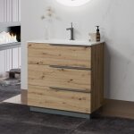 Oikos meuble salle de bain sur pied simple vasque 3 tiroirs couleur - chne dor modle - largeur 80 ...