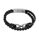 One man show - bracelet 2 rangs cuir de bovin noir boules pierre de lave infini et fermoir acier (3180160) ...
