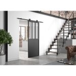 Optimum kit porte coulissante atelier noir + rail apparent - 204 x 83 cm - verre transparent Optimum kit porte coulissante atelier noir + rail apparent - 204 x 83 cm - verre transparent