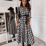 Os automne hiver femmes robe avec grande balanoire  la taille robe  carreaux  manches longues noir ...