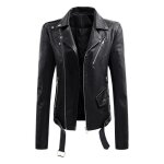 Os manteau femme veste de moto en cuir avec bouton et col à revers black Os manteau femme veste de moto en cuir avec bouton et col à revers black
