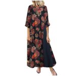 Os robe femme dimpression en coton et lin rtro vrac  manches 3 - 4 encolure v marine