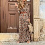 Os robe longue fleurie  manches longues pour femmes marron