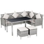 Outsunny salon de jardin 6 pers. grand confort canap dangle + 2 poufs + table  manger 9 coussins assise ...