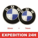 Pack 2 embl�me / badge bm w avant et arri�re m�tallique logo 82mm + 74mm pour capot et valise bleu blanc ...