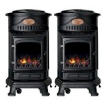 Pack de 2 po�les � gaz noir provence en fonte 34kw effet feu chauffage dappoint gaz sur roues
