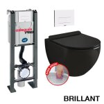 Pack complet wc sans bride bati autoportant + cuvette noir brillant sans bride + plaque blanche design ...