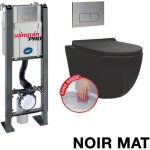 Pack complet wc sans bride bati autoportant + cuvette noir matt sans bride + plaque inox design