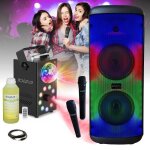 Pack mooving sound - enceinte karaok� nomade 600w usb bluetooth sd - 2 micros - machine fum�e led foggy ...