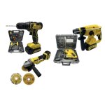 Pack doutils 20v - nemura - perceuse perforateur meuleuse - sans fil - jaune - 3 batteries incluses Pack doutils 20v - nemura - perceuse perforateur meuleuse - sans fil - jaune - 3 batteries incluses