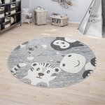 Paco home tapis enfant chambre enfant rond tapis de jeux gar�on fille moderne animaux gris 120 cm rond ...