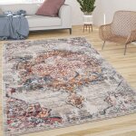 Paco home tapis de salon poils ras vintage esth�tique orientale abstrait beige gris orange 200 cm rond ...
