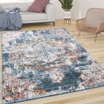 Paco home tapis salon poils ras vintage esth�tique orientale moderne abstrait bleu beige 60x100 cm
