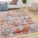 Paco home tapis de salon poils ras vintage esthtique orientale rouge blanc cass bleu 200 cm rond