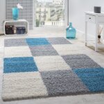 Paco home tapis shaggy longues mches hautes carreaux gris blanc turquoise 160x220 cm