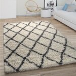 Paco home tapis shaggy tapis de salon poil long motif diamant scandinave blanc cass� gris 120 cm rond ...