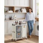 Panier  linge 3 compartiments 100 l roulettes 6 tiquettes beige naturel gris tourterelle et blanc crme ...