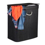 Panier � linge couvercle lot de 3 2 compartiments corbeille bambou coffre � linge 95 litres noir