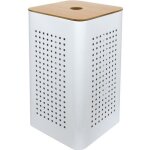 Panier � linge en m�tal blanc avec couvercle bois - blanc - 30 x 30 x 50 cm