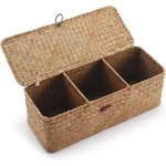 Panier rangement jonc de mer avec couvercle rectangulaires malle en osier avec compartiment pour organiser ...
