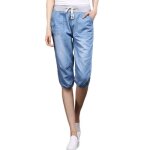 Pantacourt femme jeans taille haute pantalon taille lastique femme ete - bleu clair
