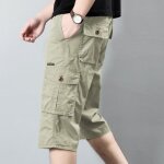 Pantacourt homme cargo en coton coupe droite taille standard lastique multipoches grande taille - kaki ...