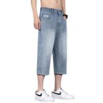 Pantacourt homme en jean taille elastique coupe droite 5 poches casual pantalon court vintage stretch ...