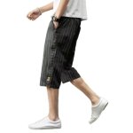 Pantacourt homme en lin coton � rayure - coupe droite - gris fonce