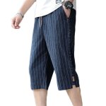 Pantacourt homme � rayure en lin coton casual �t� coupe droite - bleu marine